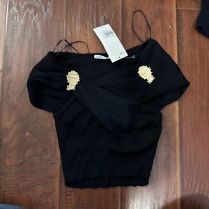 Zara Black Off-Shoulder Top with Gold Accents